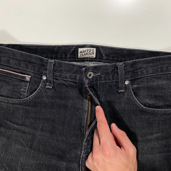 Naked & Famous Denim Weird Guy Faded Black Selvedge Jeans men's size 36x31 - Picture 3 of 9